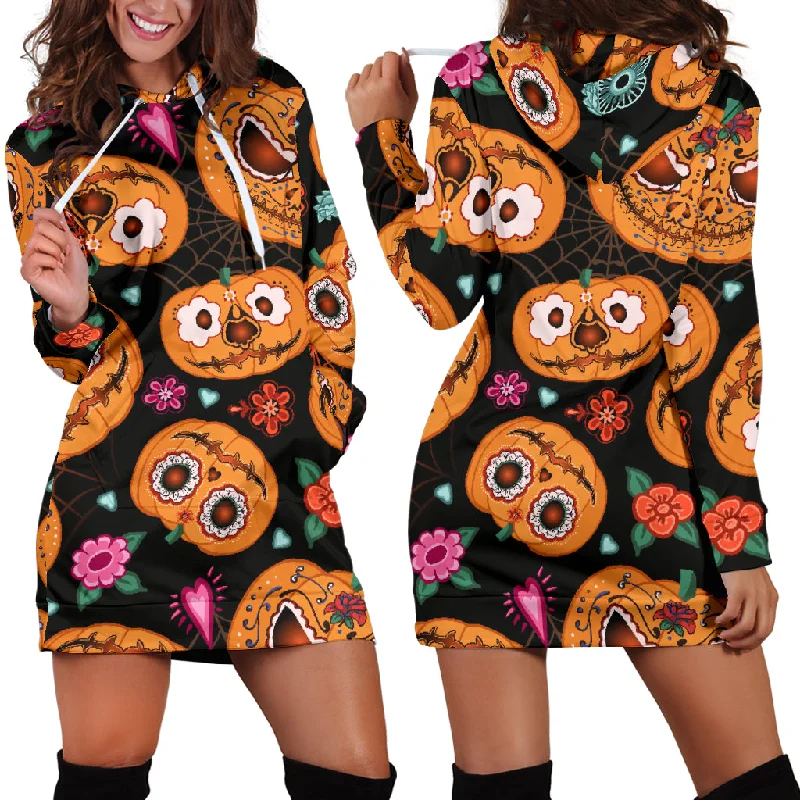 Pumpkin Flowers Spiderweb Halloween Theme Women'S Hoodie Dress