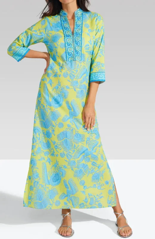 Astrid Caftan In Lime Green Turquoise