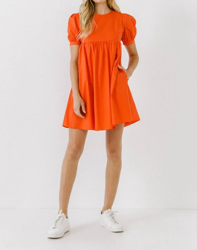 Puff Sleeve Babydoll Dress In Orange