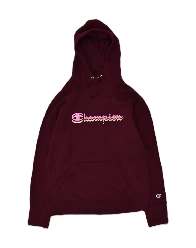 CHAMPION Womens Graphic Hoodie Jumper UK 12 Medium Burgundy Cotton