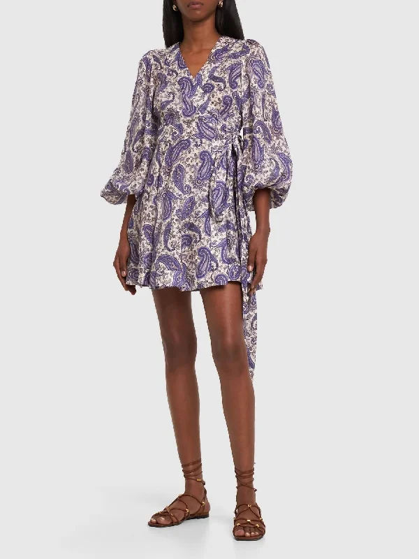 Devi Printed Linen Wrap Mini Dress In Indigo/cream Paisley