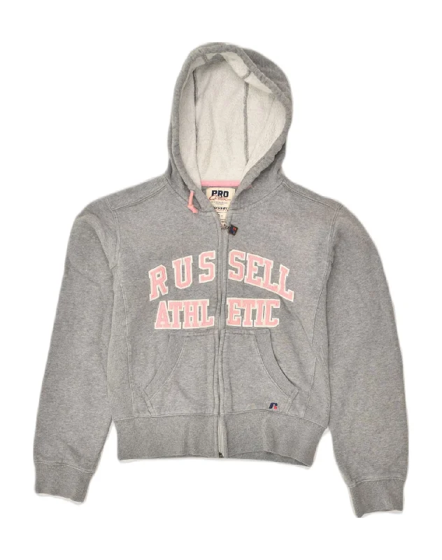 RUSSELL ATHLETIC Womens Graphic Zip Hoodie Sweater UK 8 Small Grey Cotton