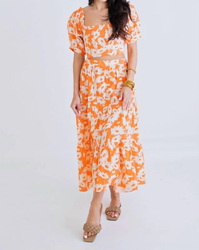 Floral Midi Skirt In Orange