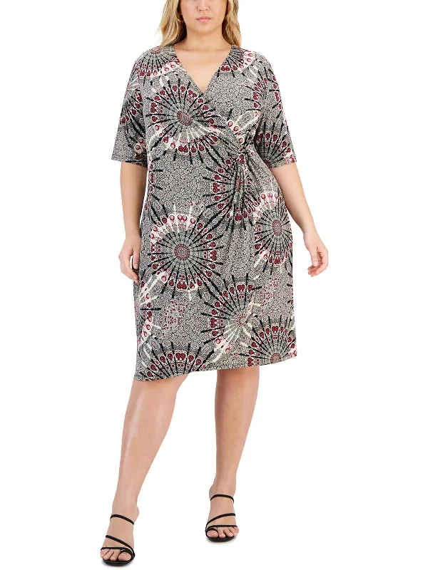 Plus Womens Midi Short Sleeve Wrap Dress