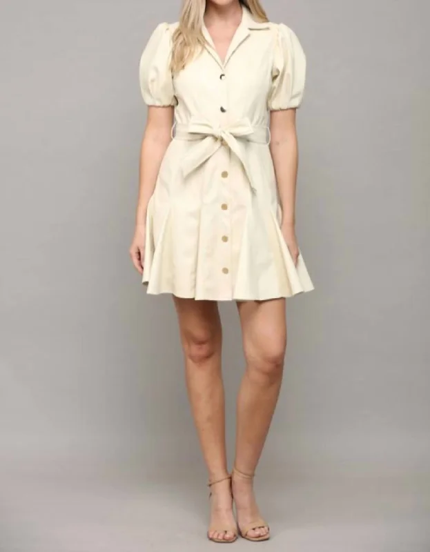 Faux Leather Flare Dress In Ivory